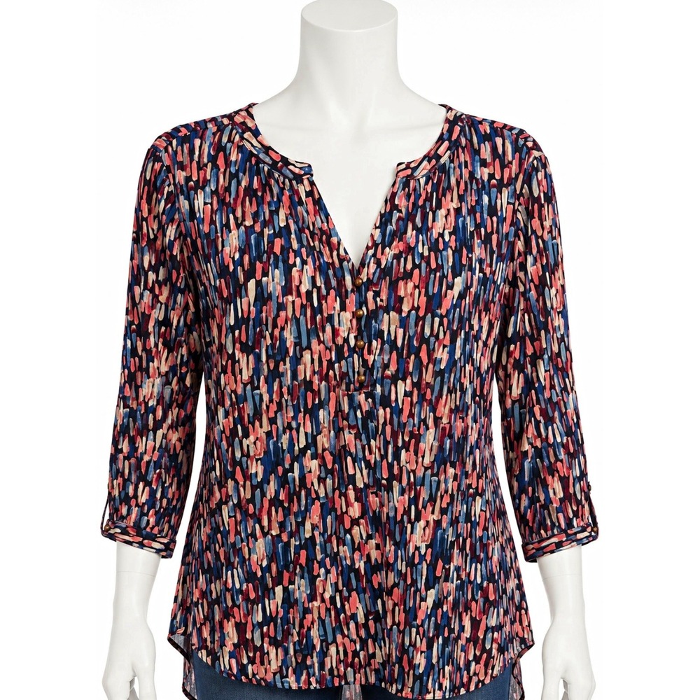 Dana Buchman Women's Chiffon Blouse XL Multicolor Abstract V-Neck Button Front